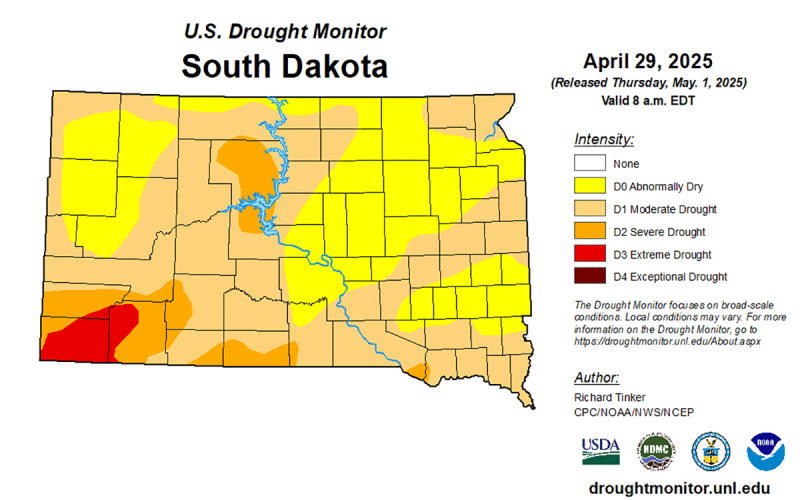 Map of South Dakota with varying colors indicating the level of drought that is being experienced. For a detailed description, please call SDSU Extension at 605-688-4792.