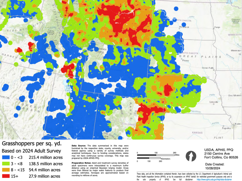 Map of South Dakota of Northern Great Plains and the Western United States. Colors indicate the number of grasshoppers per square yard in each of the sampled locations. For a detailed description, please call SDSU Extension at 605-688-4792.