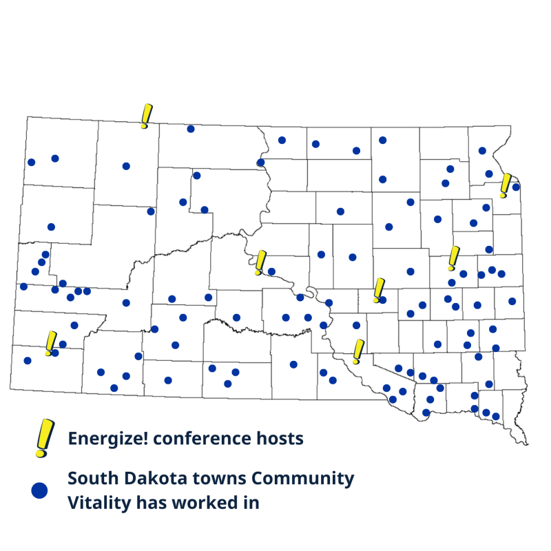 Community Vitality Impact Map 2025 Map of South Dakota showing the work of the community vitality team.