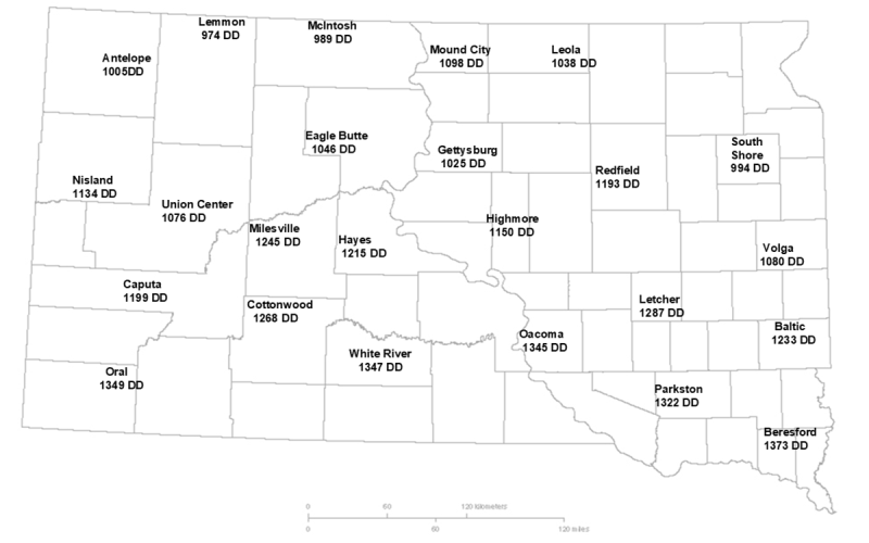 Map showing the current degree day accumulations of common stalk borers for several South Dakota locations and the corresponding management recommendation. For a detailed description, please call SDSU Extension at 605-688-4792.