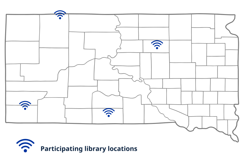 A map of South Dakota indicating libraries that are participating in the Rural Libraries Hotspot Lending Program