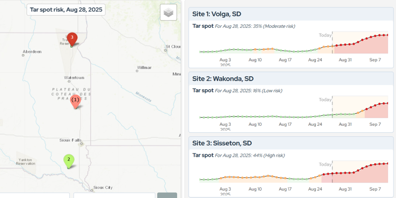 A map on the left with a red, orange and green location marker. A line graph on the right depicting tar spot incidence at Volga, Wakonda and Sisseton, SD. For a detailed description, please call SDSU Extension at 605-688-4792.