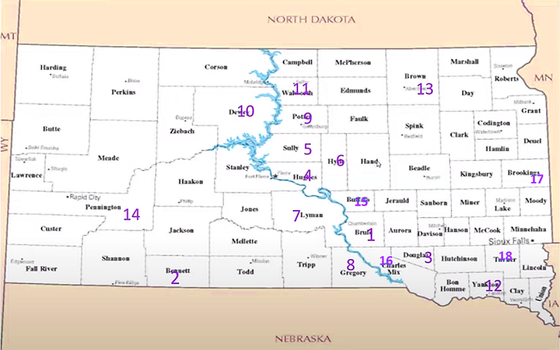 A white map of South Dakota with black lines depicting Counties. Numbers are throughout the map denoting the numerical order of Palmer amaranth infestations.