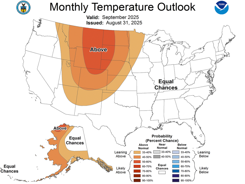 Color-coded map of the United States showing the September 2025 temperature outlook. For a detailed description, please call SDSU Extension at 605-688-4792.
