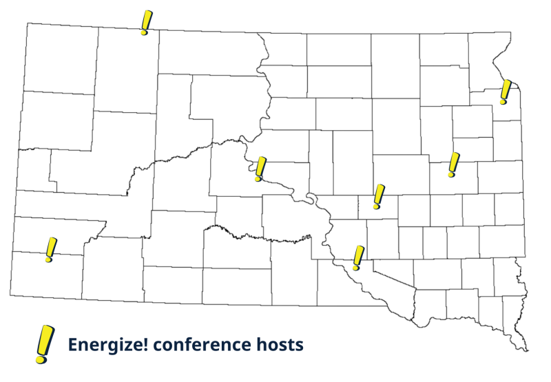 A map of South Dakota showing the locations where the Energize conference has been hosted.