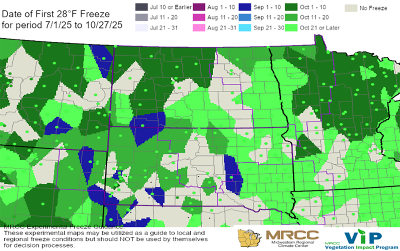 Map of South Dakota with colors indicating when the first hard frost occurred. Areas in grey color have not had widespread freezing occur.