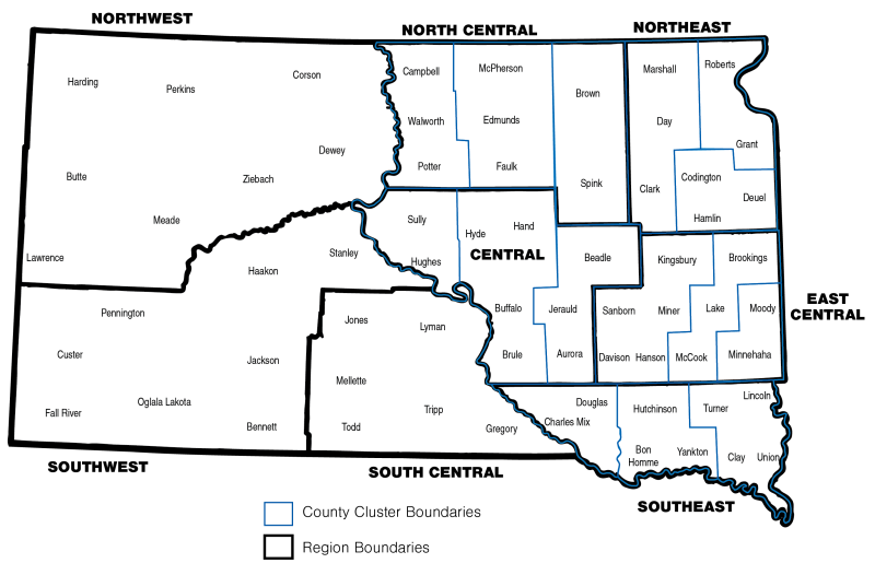 A map of South Dakota's counties with lines dividing the counties into eight regions