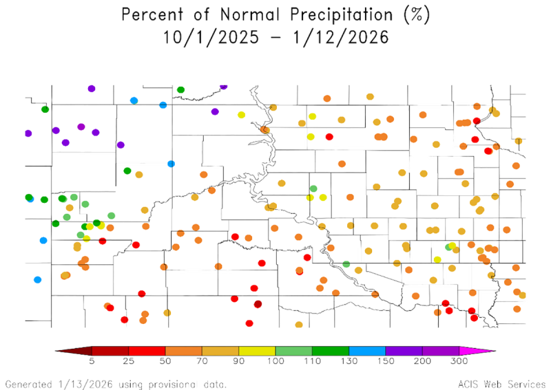 Scatter plot map showing percent of normal precipitation in South Dakota. For a detailed description, please call SDSU Extension at 605-688-4792.