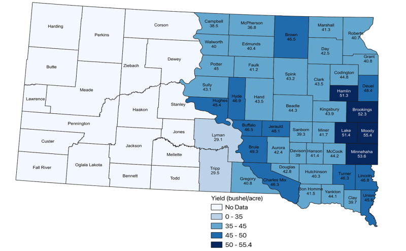 Color-coded map showing South Dakota Soybeans Yield by County in 2024.