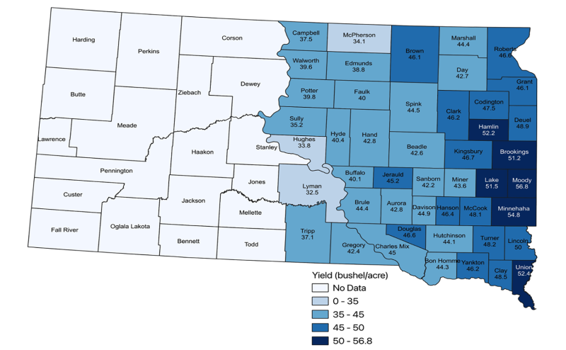 Color-coded map showing South Dakota Soybean Yield Average by County from 2015 to 2024. For a detailed description, please call SDSU Extension at 605-688-4792.