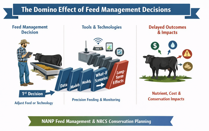 Illustration showing a rancher making a beef feed management decision for beef cattle at a feed bunk, followed by a row of falling dominoes labeled data, models, and what-if scenarios, leading to long-term outcomes for a beef animal. Icons represent cost, water, nutrients, and risk, illustrating how feed decisions create delayed impacts across production and conservation systems.