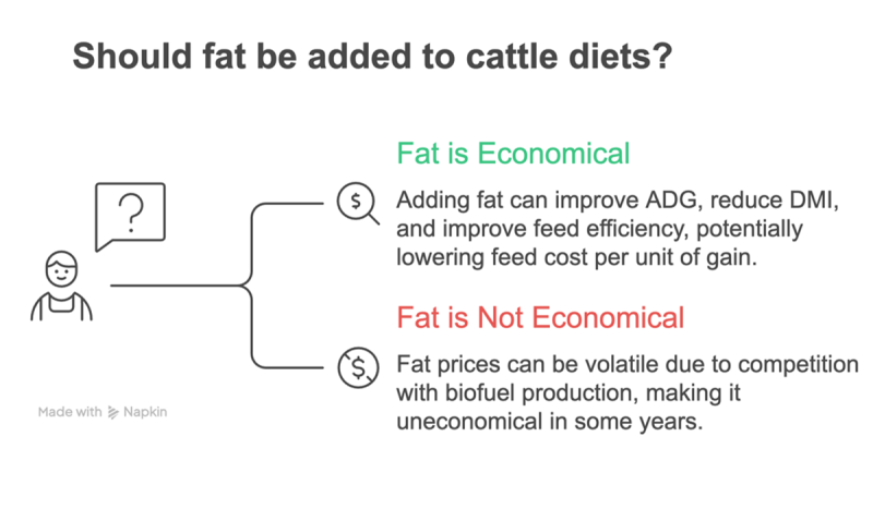 A rancher with a question mark and two decision paths. The first is that fat is economical and can improve cattle performance, efficiency, and potentially lower cost per unit gain. The second is not economical and highlights the volatility of price of fat from biofuel. For a detailed description, please call SDSU Extension at 605-688-4792.
