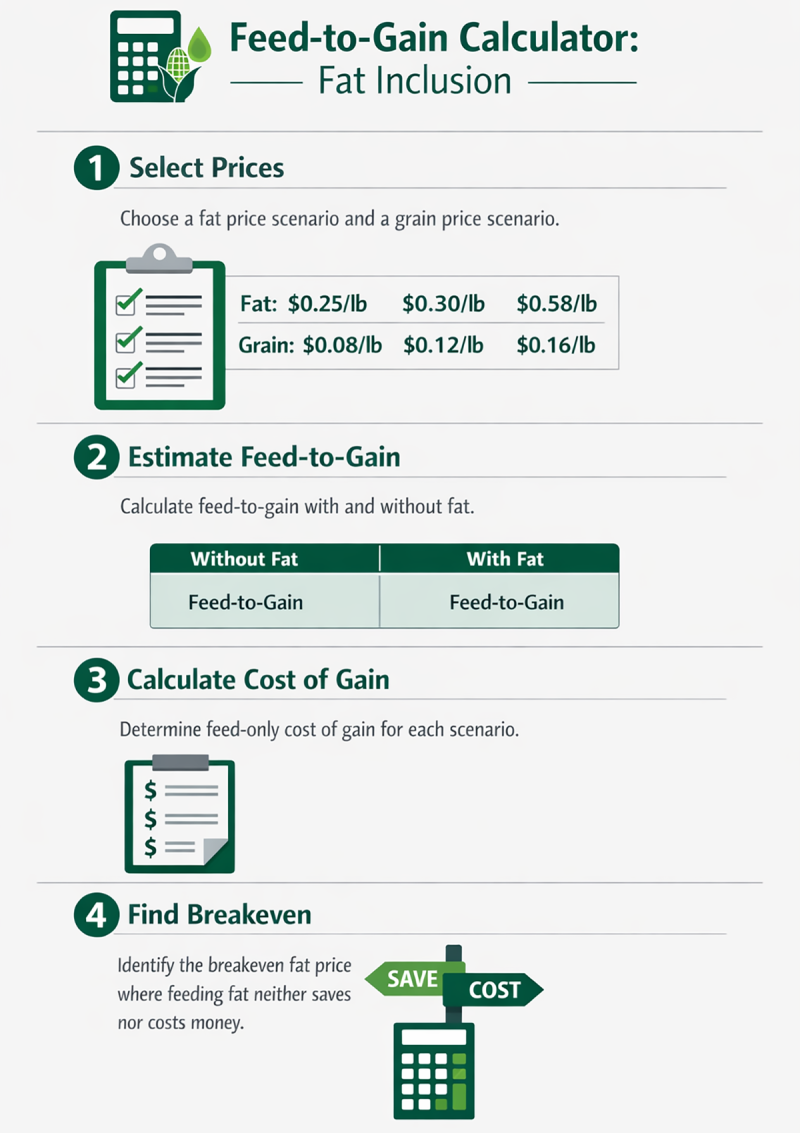 A diagram showing the four steps of the Feed-to-gain calculator workflow for assessing economic impacts of dietary fat inclusion. For a detailed description, please call SDSU Extension at 605-688-4792.