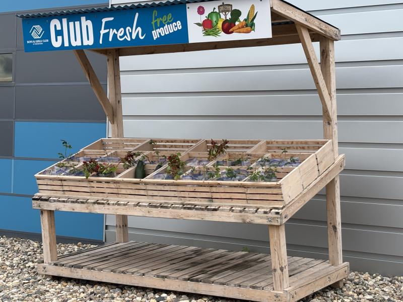 A stand with vegetables and a sign saying "Club Fresh"