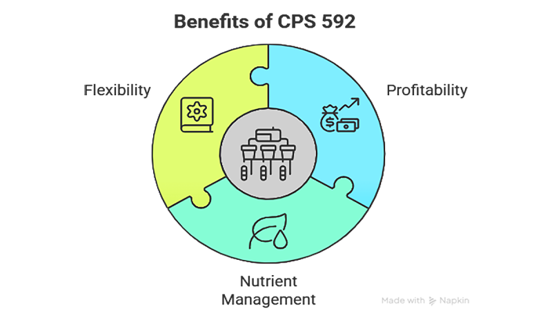 Circular infographic illustrating the benefits of NRCS CPS 592 Feed Management. Three connected sections highlight flexibility, profitability, and nutrient management. Together these components represent how improved feeding strategies support efficient livestock nutrition, better manure nutrient management, and stronger economic performance on livestock operations. For a detailed description, please call SDSU Extension at 605-688-4792.