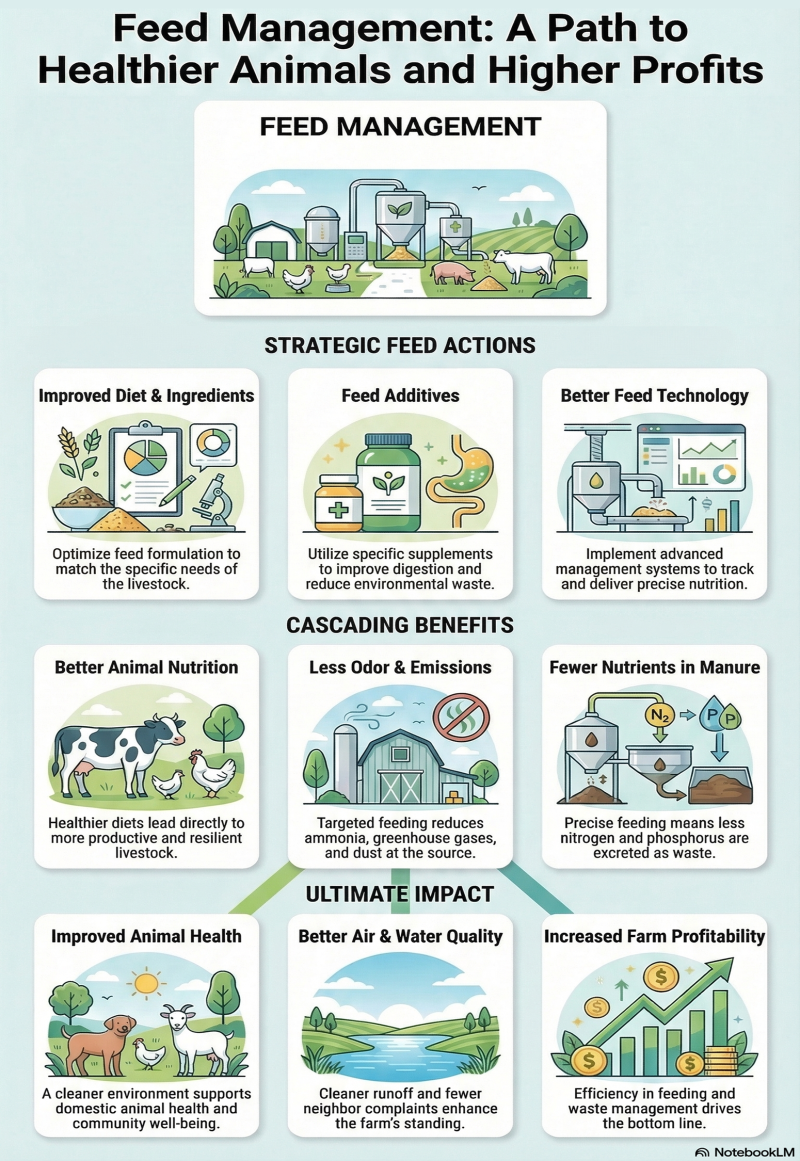 Infographic showing how feed management improves livestock systems. Strategic actions—better diet formulation, feed additives, and feeding technologies—lead to improved animal nutrition, reduced odor and emissions, and fewer nutrients in manure. These cascading benefits ultimately support healthier animals, improved air and water quality, stronger community outcomes, and greater farm profitability. For a detailed description, please call SDSU Extension at 605-688-4792.