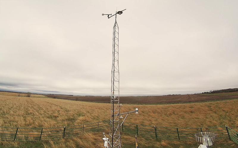 Mesonet camera overlooking spring pasture and cropland in Avon, South Dakota.