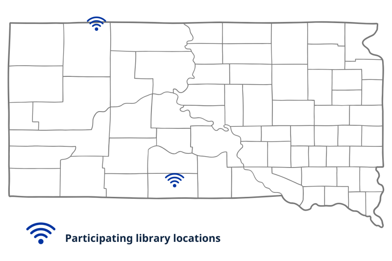 A map of South Dakota indicating libraries that are participating in the Rural Libraries Hotspot Lending Program