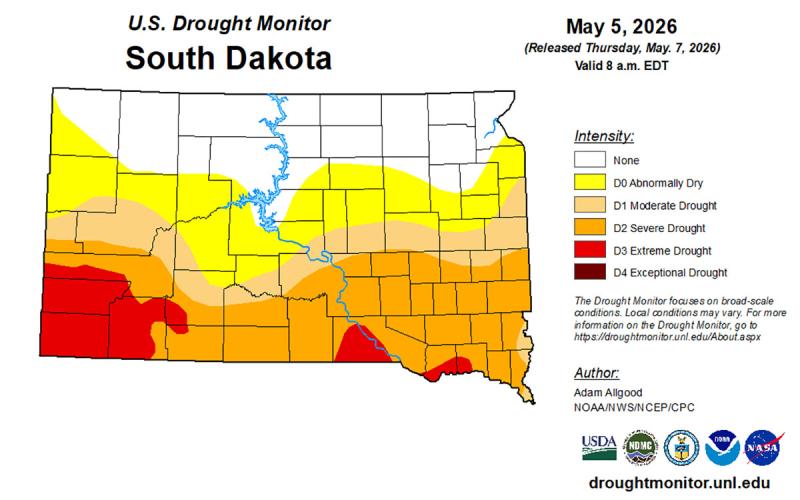 Map of South Dakota with varying colors indicating the level of drought that is being experienced. For a detailed description, please call SDSU Extension at 605-688-4792.