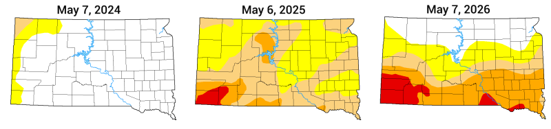 Drought monitor maps showing varying drought conditions from 2024 to 2026. For a detailed description, please call SDSU Extension at 605-688-4792.