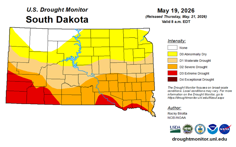 Color-coded map showing current drought conditions in South Dakota. For a detailed description, please call SDSU Extension at 605-688-4792.