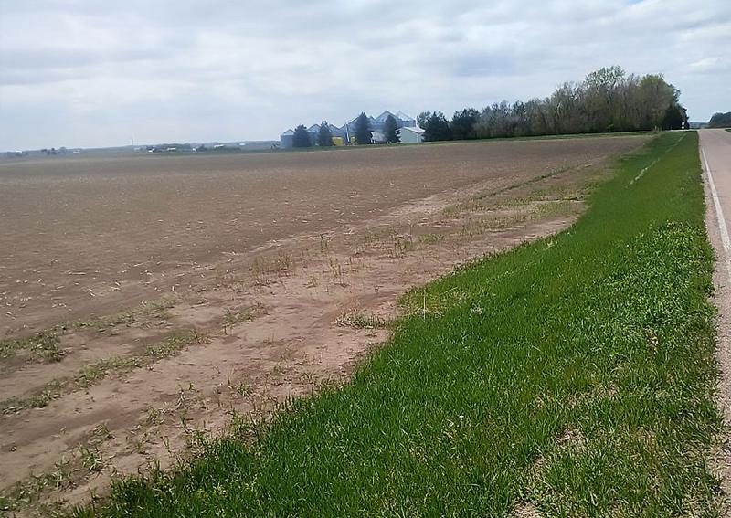 Road ditch near a crop field with noticeable soil deposited from wind erosion.