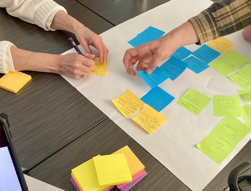 Hands place brightly colored sticky notes on a table