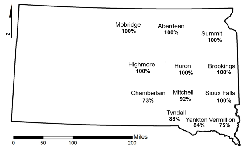 A map of South Dakota displaying the predicted bean leaf beetle mortalities based on air temperatures at or below 14 F or colder for South Dakota. For a detailed description, please call SDSU Extension at 605-688-4792.