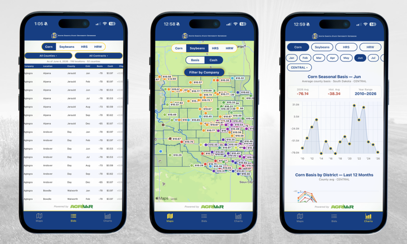 Three smart phones showing the Bids, Maps, and Charts tools in the Basis Report app.