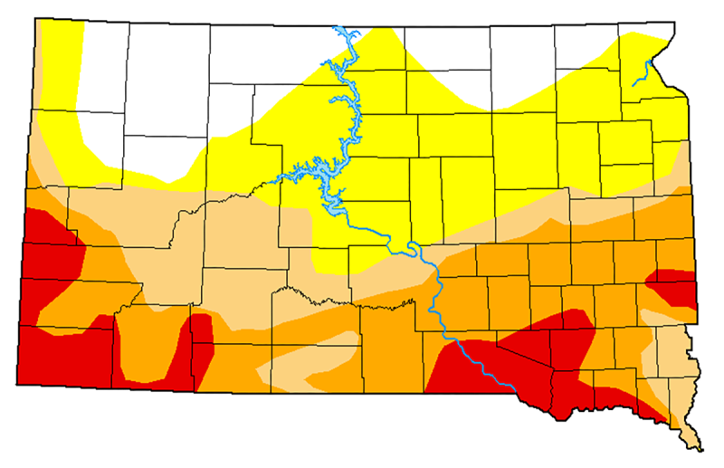 Multi-color map showing areas of drought severity in South Dakota.
