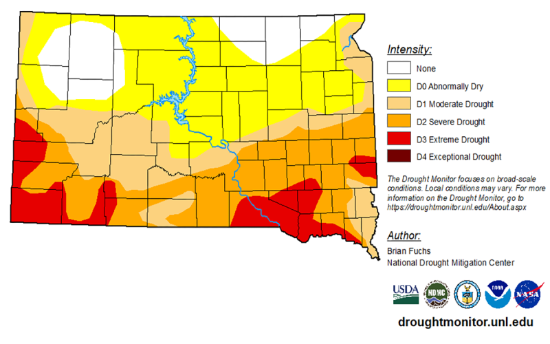 Color-coded map showing drought conditions throughout South Dakota. For a detailed description, please call SDSU Extension at 605-688-4792.