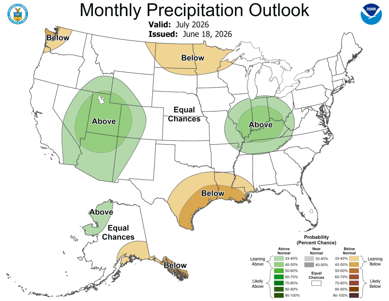 Color-coded map of the United States showing precipitation outlook for July 2026. For a detailed description, please call SDSU Extension at 605-688-4792.