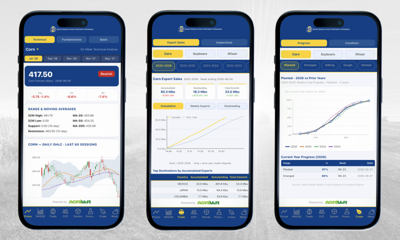 Three smart phones showing the Prices, Trades, and Crops tools in the Grain Report app.