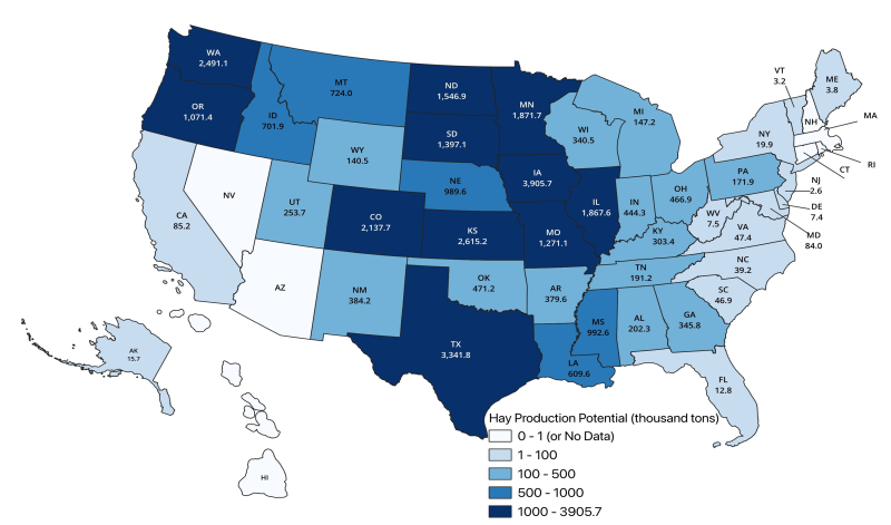 Color-coded map of the United States showing hay production potential from non-grassland CRP enrollment. For a detailed description, please call SDSU Extension at 605-688-4792.