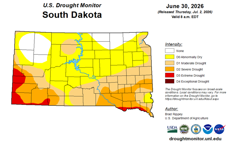 Map of South Dakota with varying colors from yellow to red to indicate the drought conditions across the state. For a detailed description, please call SDSU Extension at 605-688-4792.