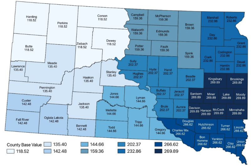 Color-coded map of South Dakota showing county base values for Annual Forage Rainfall Index insurance. For a detailed description, please call SDSU Extension at 605-688-4792.