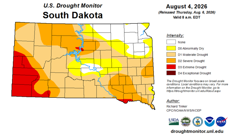 Map of South Dakota with colors indicating where drought conditions are present.