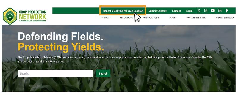The Crop Protection Network homepage navigation with an arrow calling out the “Report a Sighting for Crop Outlook Option.”