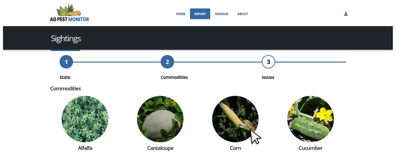 Crop disease sightings page displaying a variety of common crop commodities.