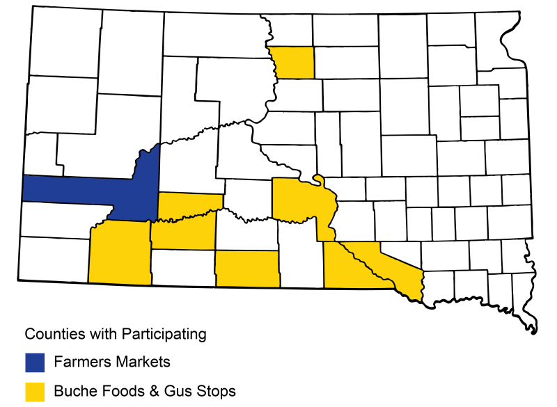 Map of South Dakota showing counties that have participating farmers markets and buches foods and gus stops offering Double Up Food Bucks