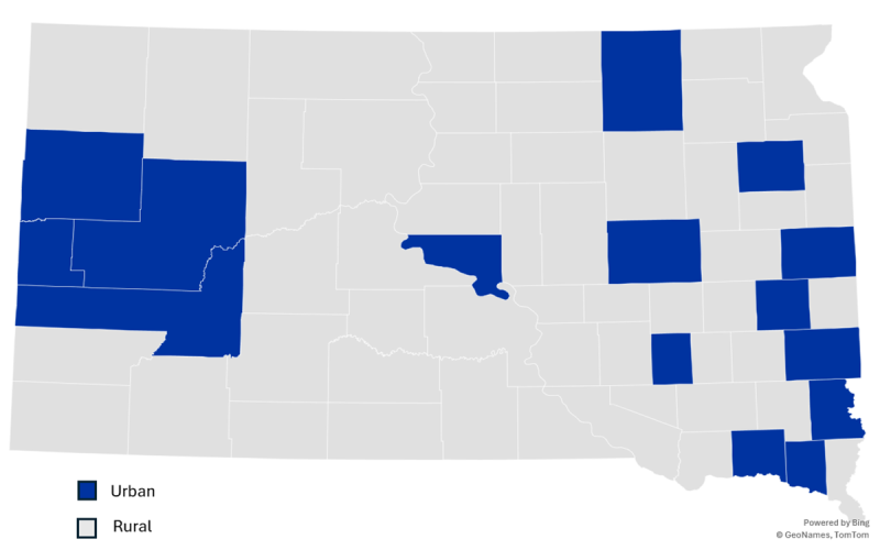 Color-coded map showing rural and urban counties in South Dakota. For a detailed description, please call SDSU Extension at 605-688-4792.