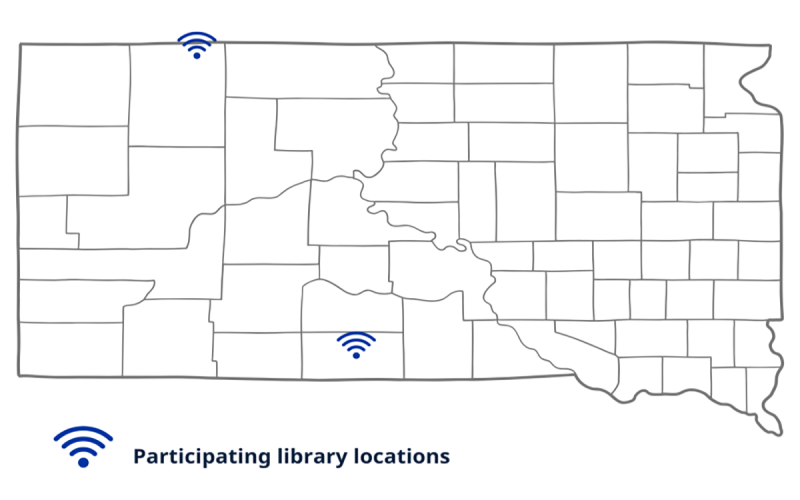 Map of South Dakota showing Rural Hotspot Lending Program Locations. For a detailed description, please call SDSU Extension at 605-688-4792.