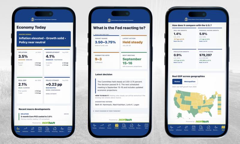 Three smart phones showing the Economy Today, Federal Reserve Policy, and Regional Economy tools in the Macroeconomic Report App.