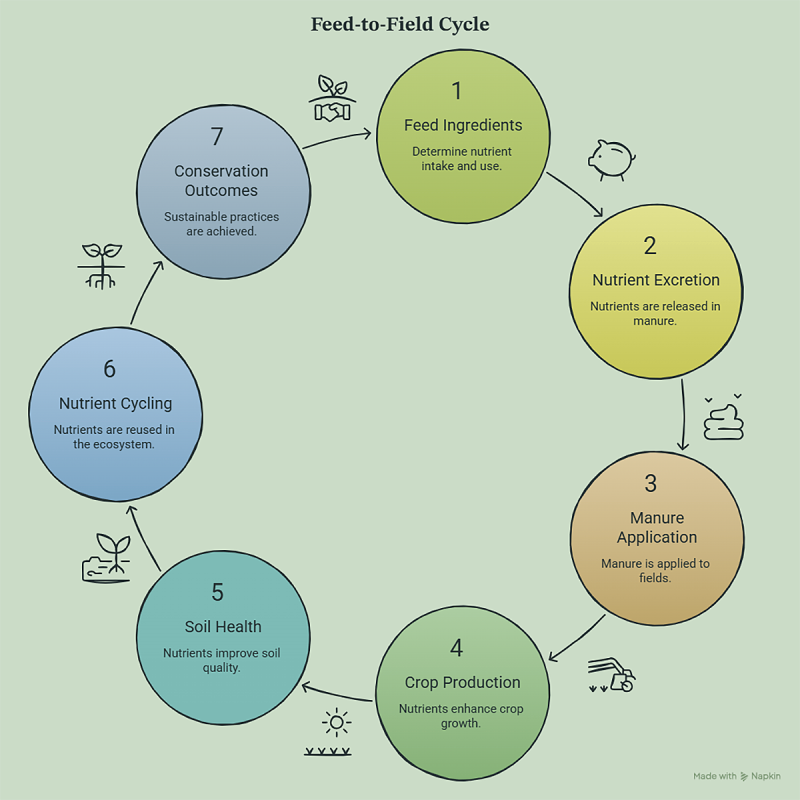 Infographic titled “Feed-to-Field Cycle” illustrating a circular nutrient flow in swine production systems. Seven connected circles form a clockwise cycle with arrows showing movement through the system. The figure emphasizes how feed management decisions influence nutrient movement from feed through animals, manure, crops, soils, and conservation outcomes in a circular bioeconomy framework.