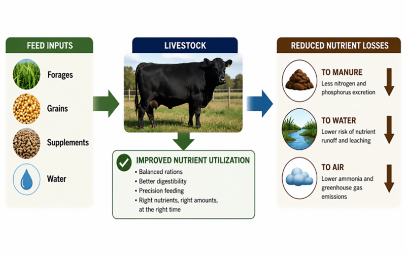 A diagram showing feed inputs entering livestock, with arrows illustrating improved nutrient utilization and reduced nutrient losses to manure, water, and air.