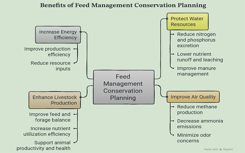 A diagram detailing the benefits of feed management conservation planning, with categories including increased energy efficiency, enhanced livestock production, protection of water resources, and improved air quality.