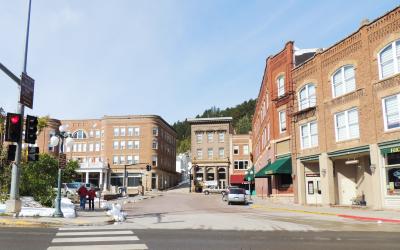 Deadwood, South Dakota buildings with Black Hills in the background
