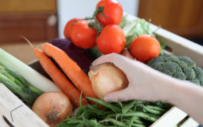 A crate filled with fresh vegetables.