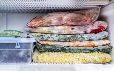 various meals packed in ziplock bags and stored in a freezer