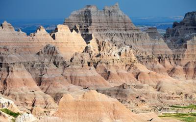 rugged ridges of rock and mineral formations at the badlands national park